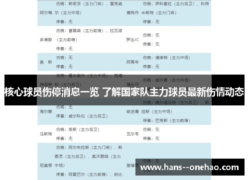 核心球员伤停消息一览 了解国家队主力球员最新伤情动态