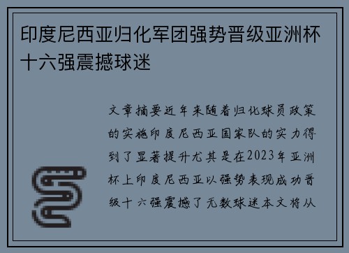 印度尼西亚归化军团强势晋级亚洲杯十六强震撼球迷 印度尼西亚归化军团强势晋级亚洲杯十六强震撼球迷