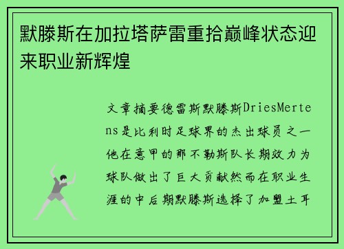 默滕斯在加拉塔萨雷重拾巅峰状态迎来职业新辉煌 默滕斯在加拉塔萨雷重拾巅峰状态迎来职业新辉煌